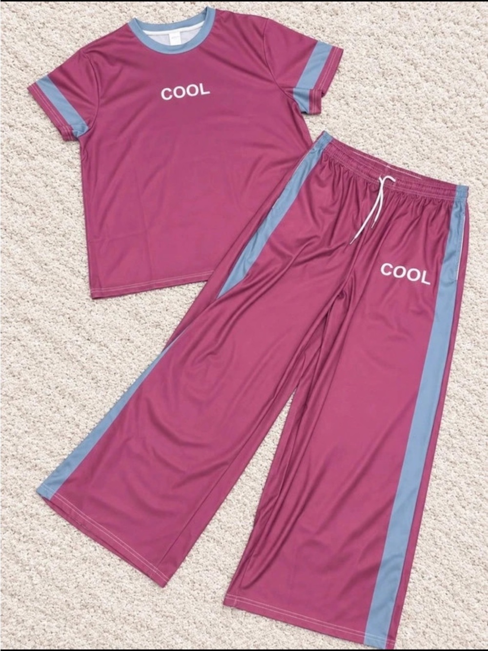 COOL Women's Two-Piece Pajama Set in Plum with Light Blue Trim